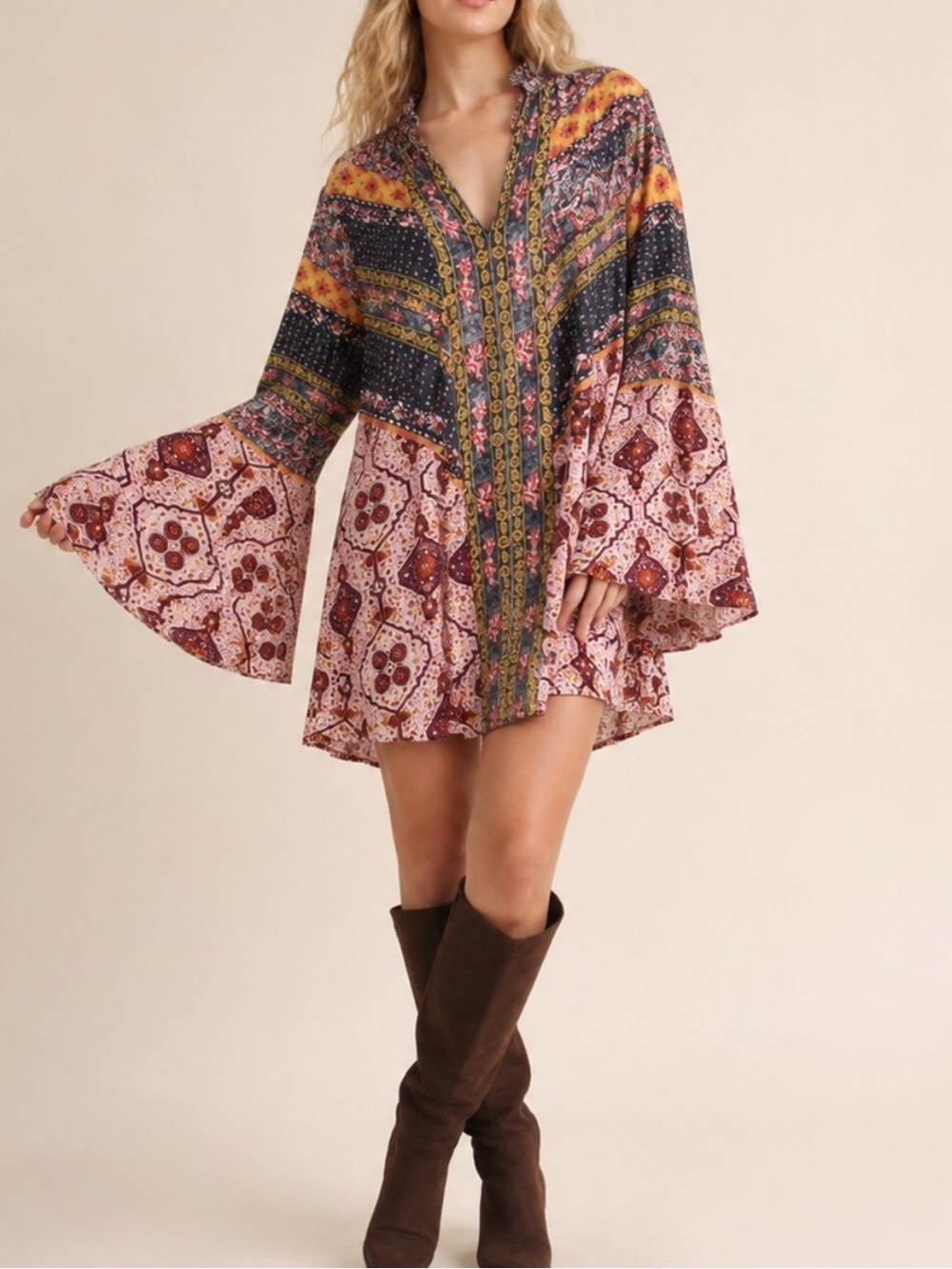 Umgee Boho Patchwork Print Bell Sleeve Tunic Dress Pink Multicolor Size XL